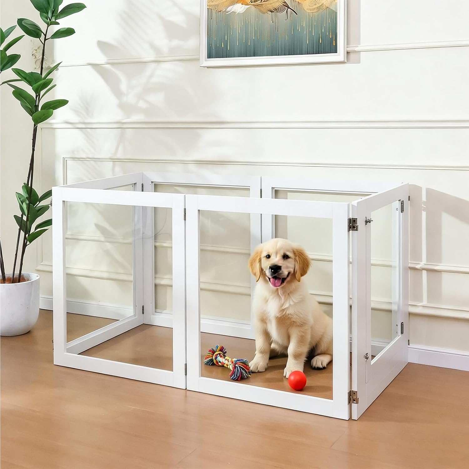 Heavy Duty Clear Acrylic Dog Playpen, 32" Height Transparent Pet Pen, Metal Frame Easy Assemble Kennel Enclosure, Ideal for Small to Medium Dogs, Cats, and Other Small Pets (White, 6 Panels with door)