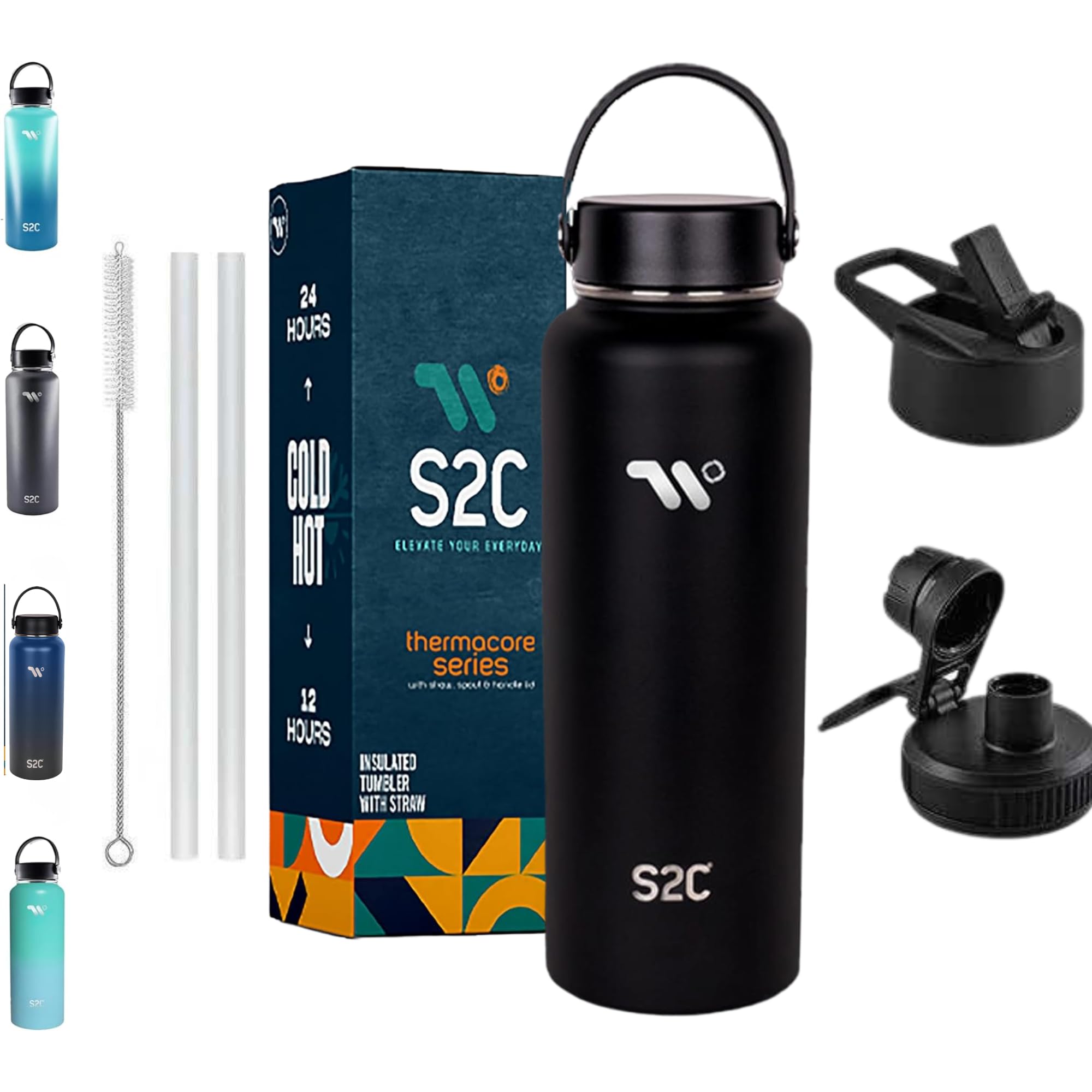 S2C 1200ML Insulated Water Bottle with 3 Lids, Double Wall,Leak Proof, Stainless Steel Water Bottle With Straw For Gym, Thermos Flask for Hot Water Bottle (BLACK)