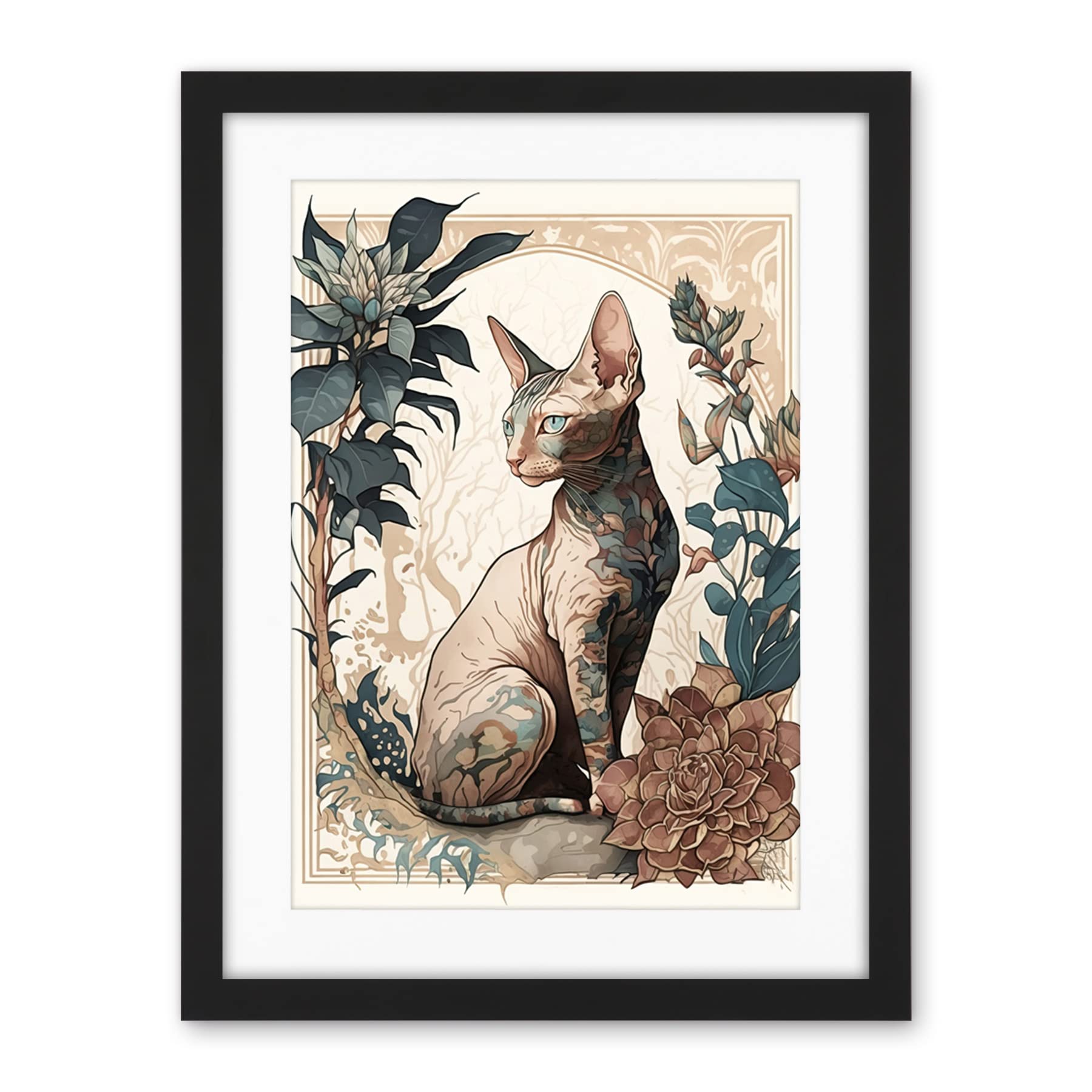 Artery8 Sphynx Cat with Flower Blooms Modern Art Nouveau Portrait Illustration Artwork Framed Wall Art Print 18X24 Inch