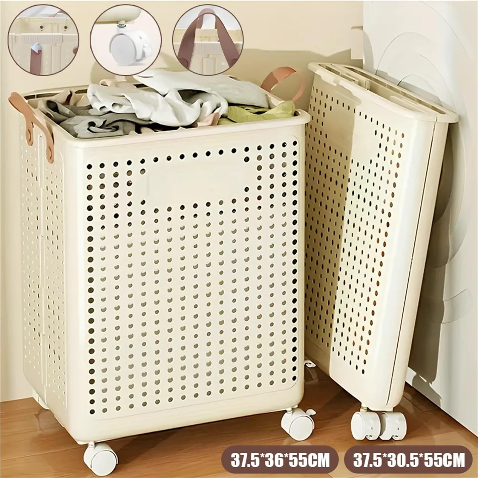 Cesto Portabiancheria Con Ruote Cesto pieghevole for vestiti sporchi senza coperchio, portabiancheria for uso domestico in dormitorio, grande capacità con puleggia(XL 37.5x36x55cm)