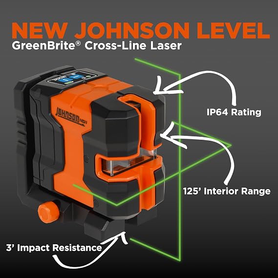 Johnson Level & Tool JLN300-GNCL Laser Level, Self-Leveling Cross-Line Laser with GreenBrite Technology, Magnetic Base, Hard-shell Carry Case, Lithium Ion Battery, Magnetic