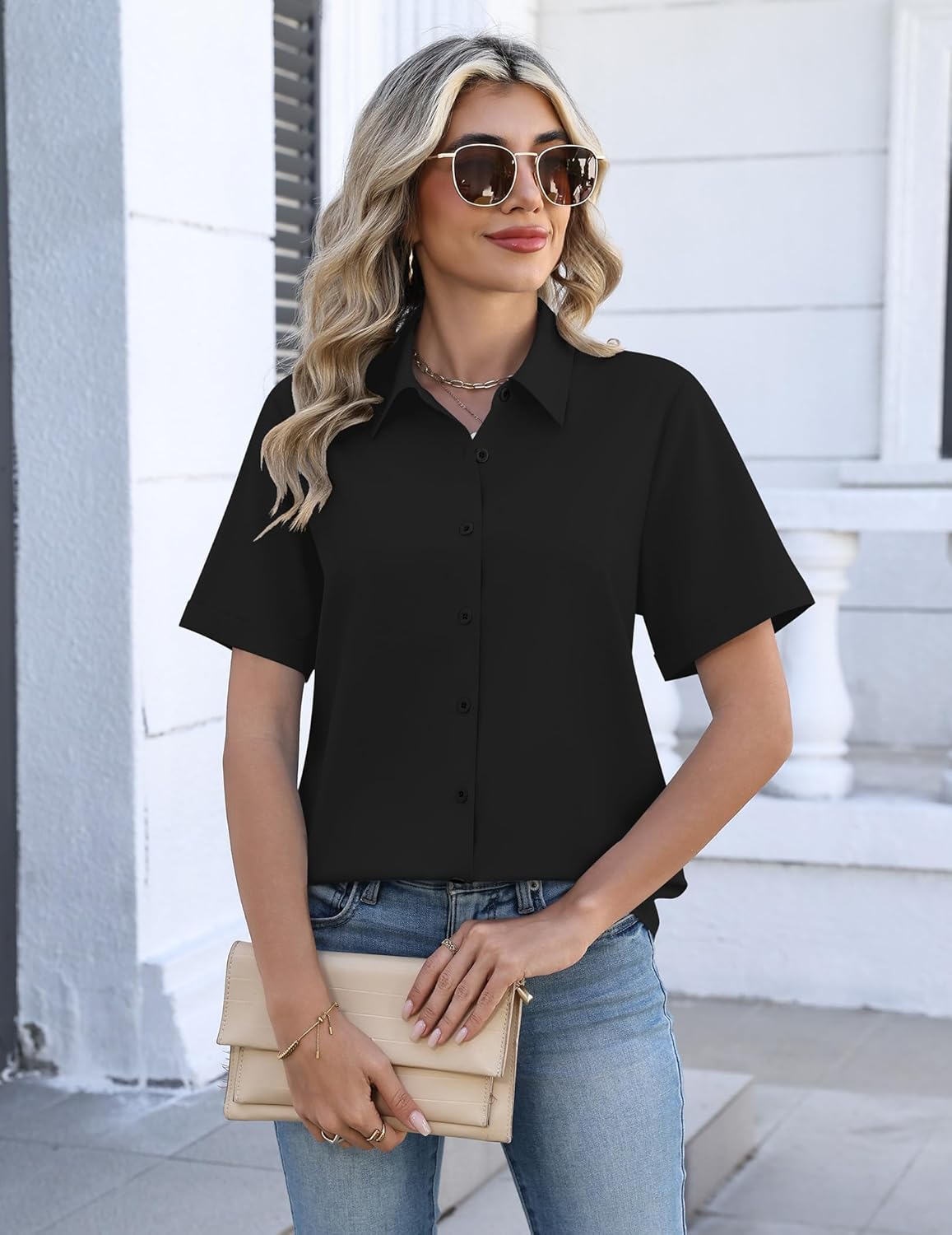 Zeagoo Womens Button Down Blouse Rolled Cuffed Short Sleeve Shirts Casual Work Blouse Summer Hawaiian Outfits - Image 3