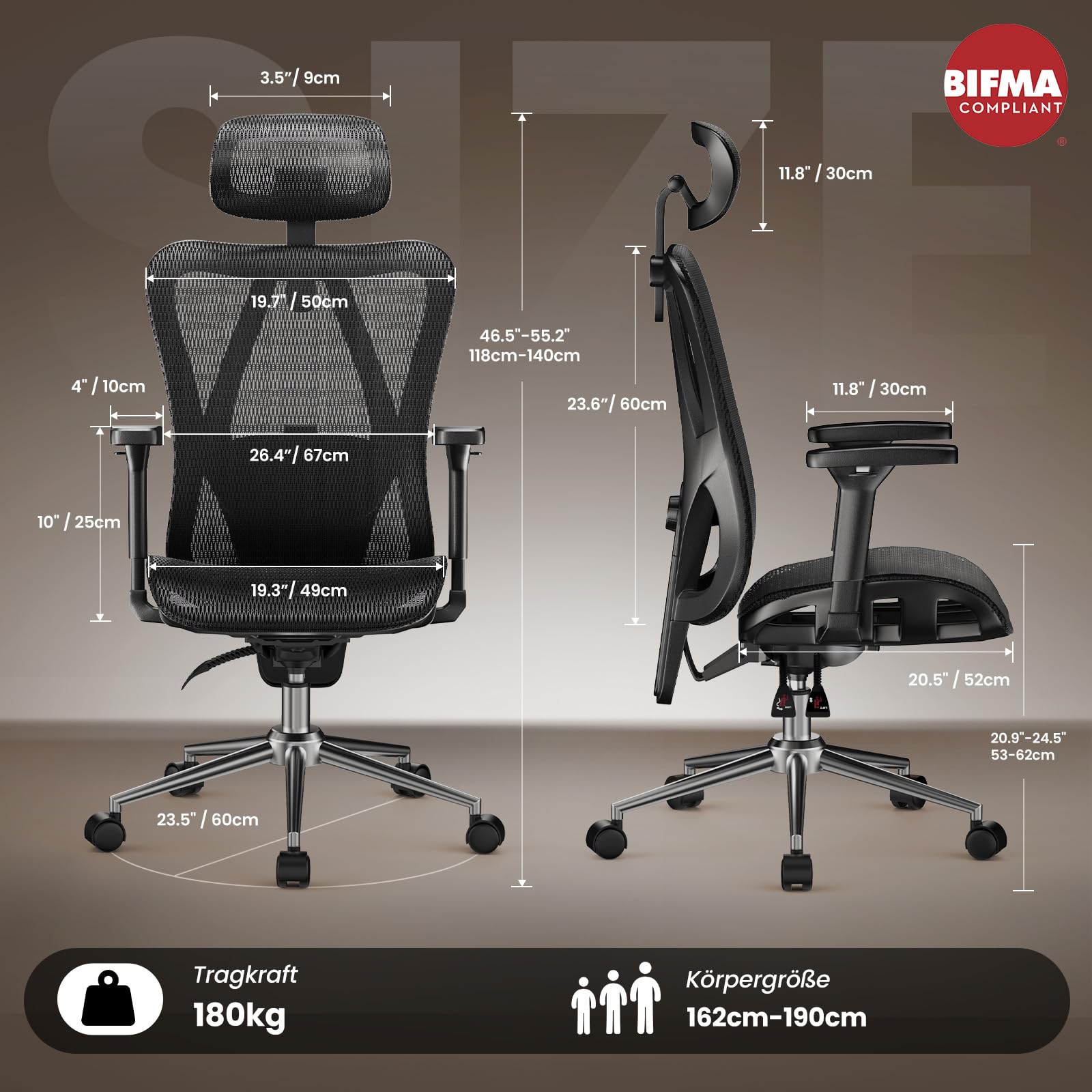 naspaluro Ergonomischer Bürostuhl, Schreibtischsessel mit Kopfstütze, 3-stufig Verstellbarer Rückenlehne, Stabiler Drehstuhl bis 150kg belastbar, Computerstuhl für Büro und Homeoffice, Schwarz