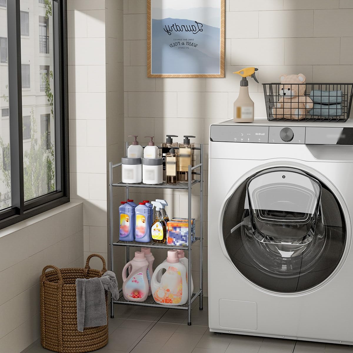 LEEDA 3-Tier Metal Shelving Unit, Sturdy Bathroom Storage Shelf & Free Standing Towel Rack with Adjustable Feet, Open Floor Shelves for Small Space in Bathroom, Kitchen, Office, Silver-Gray