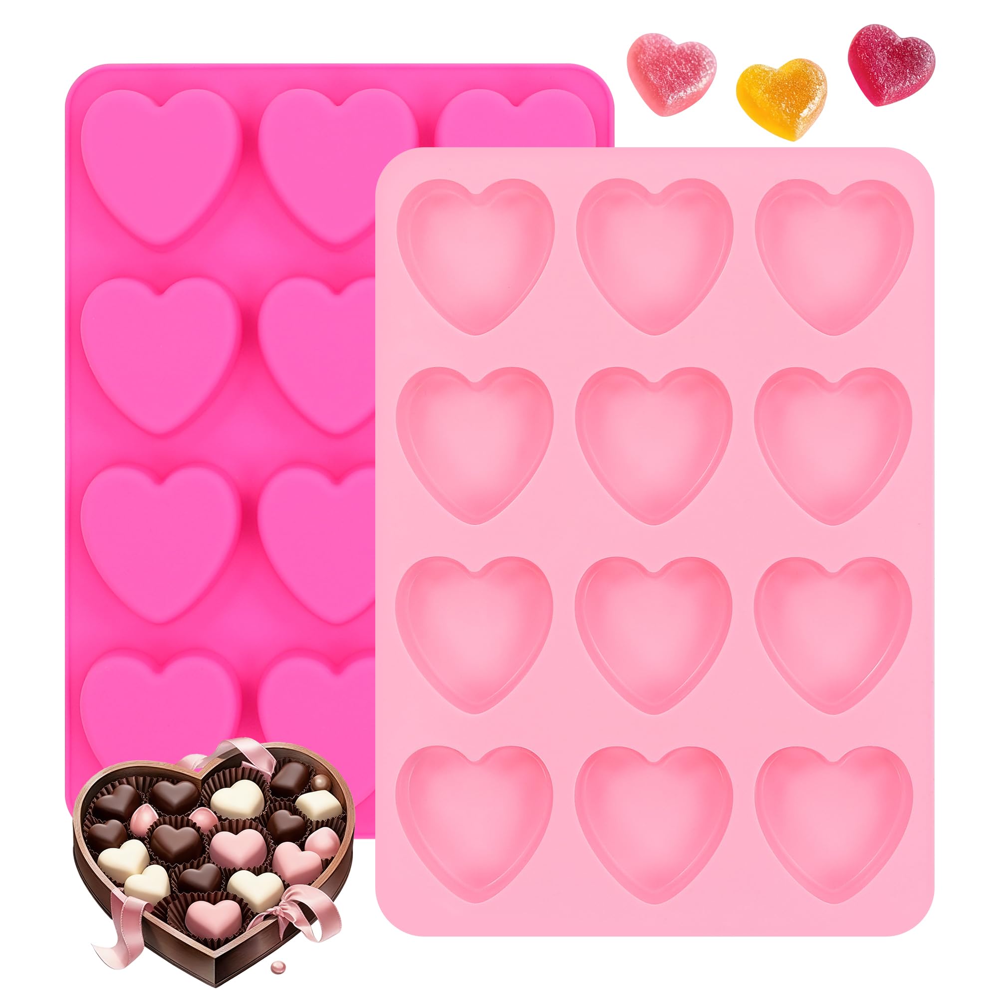Heart-Shaped Silicone Chocolate Molds - Set of 2, Perfect for Mother's Day, Non-Stick Candy Heart Molds for Baking, Candy, Gummy, Cake, Jelly, Pudding, Handmade Soap Mould