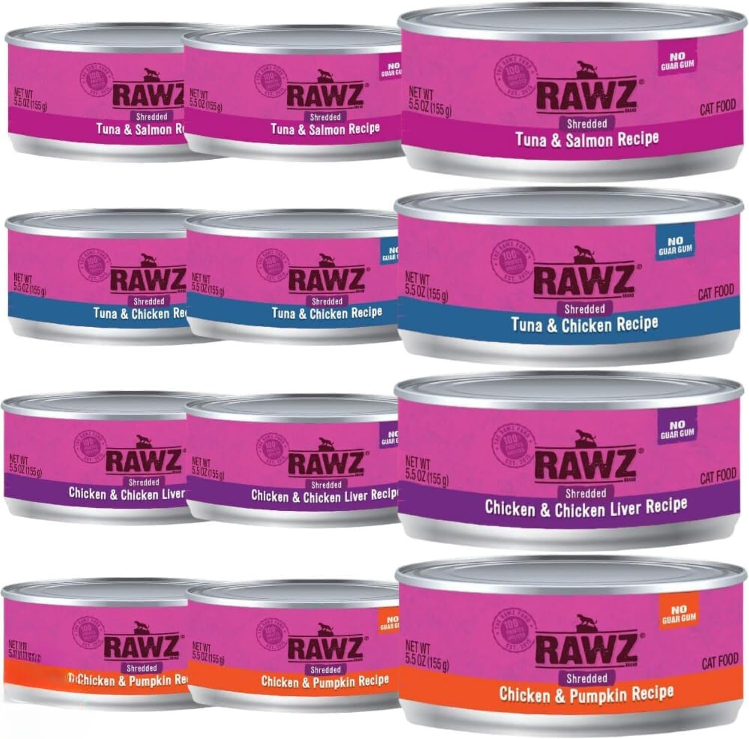 Natural Premium Canned Cat Wet Food Shredded -12 Pack Cans Variety Bundle -4 Flavors - (Tuna & Salmon, Chicken Liver, Tuna & Chicken, Chicken& Pumpkin) (5.5 oz Can Lid)