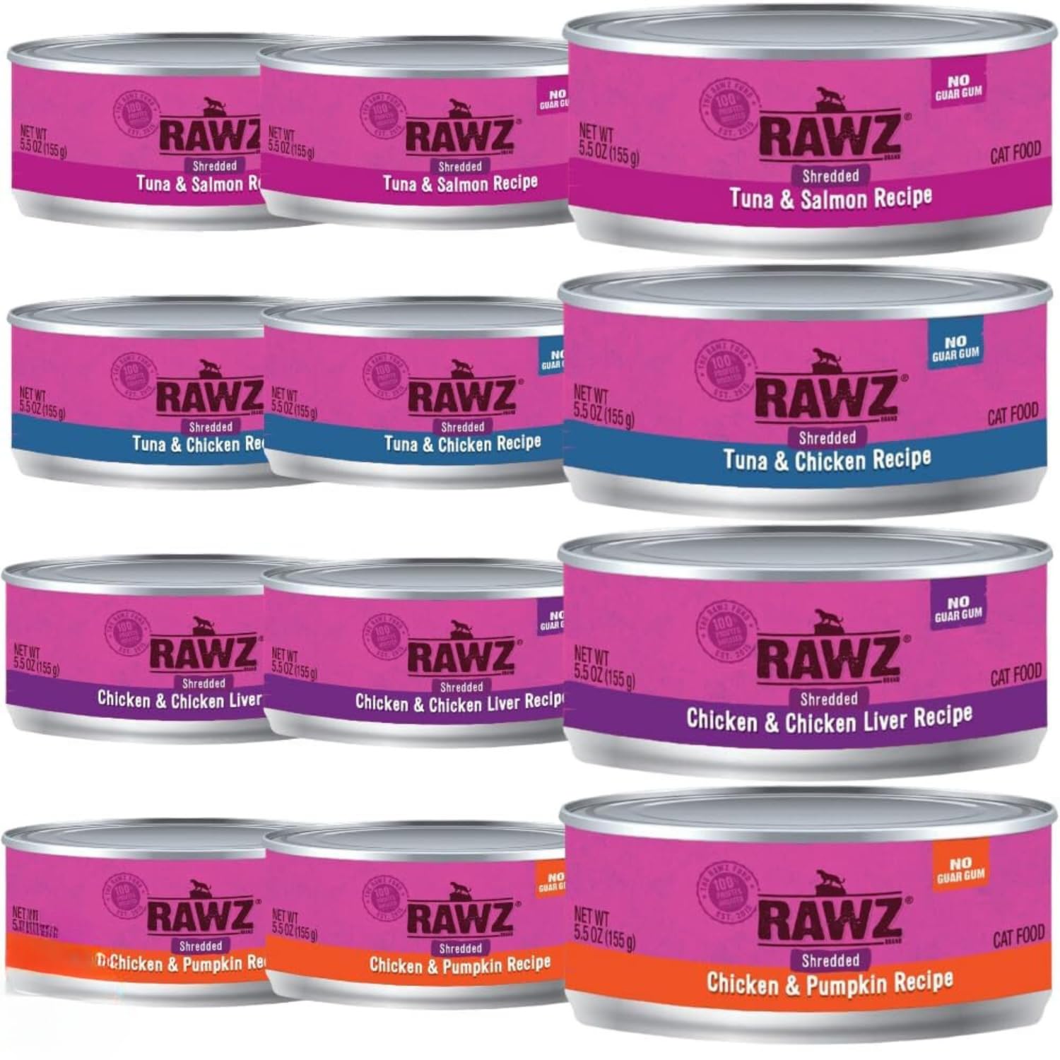 RawzNatural Premium Canned Cat Wet Food Shredded -12 Pack Cans Variety Bundle -4 Flavors - (Tuna & Salmon, Chicken Liver, Tuna & Chicken, Chicken& Pumpkin) (5.5 oz Can Lid)