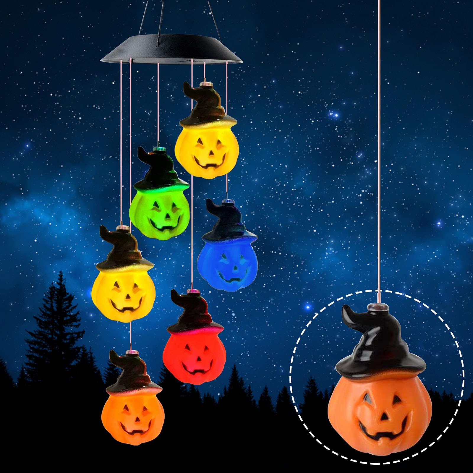 PUPPY GO Halloween Wind Chimes, Solar Pumpkin Wind Chime Lights, Waterproof Hanging Windchimes with 6 Color Changing LED Pumpkin Light for Indoor Outdoor Halloween Christmas Garden Party Decor