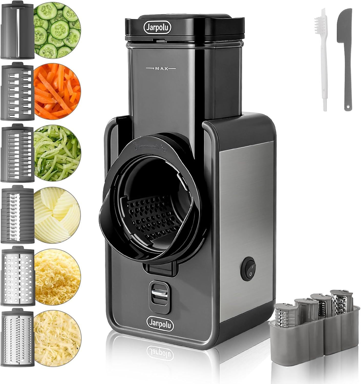 Electric Cheese Grater, Rotating Vegetable Shredder Machine, Slicer Shredder with 6 Stainless Steel Blades, Multifunctional Kitchen Tool for Fruits, Nuts, Dark Grey