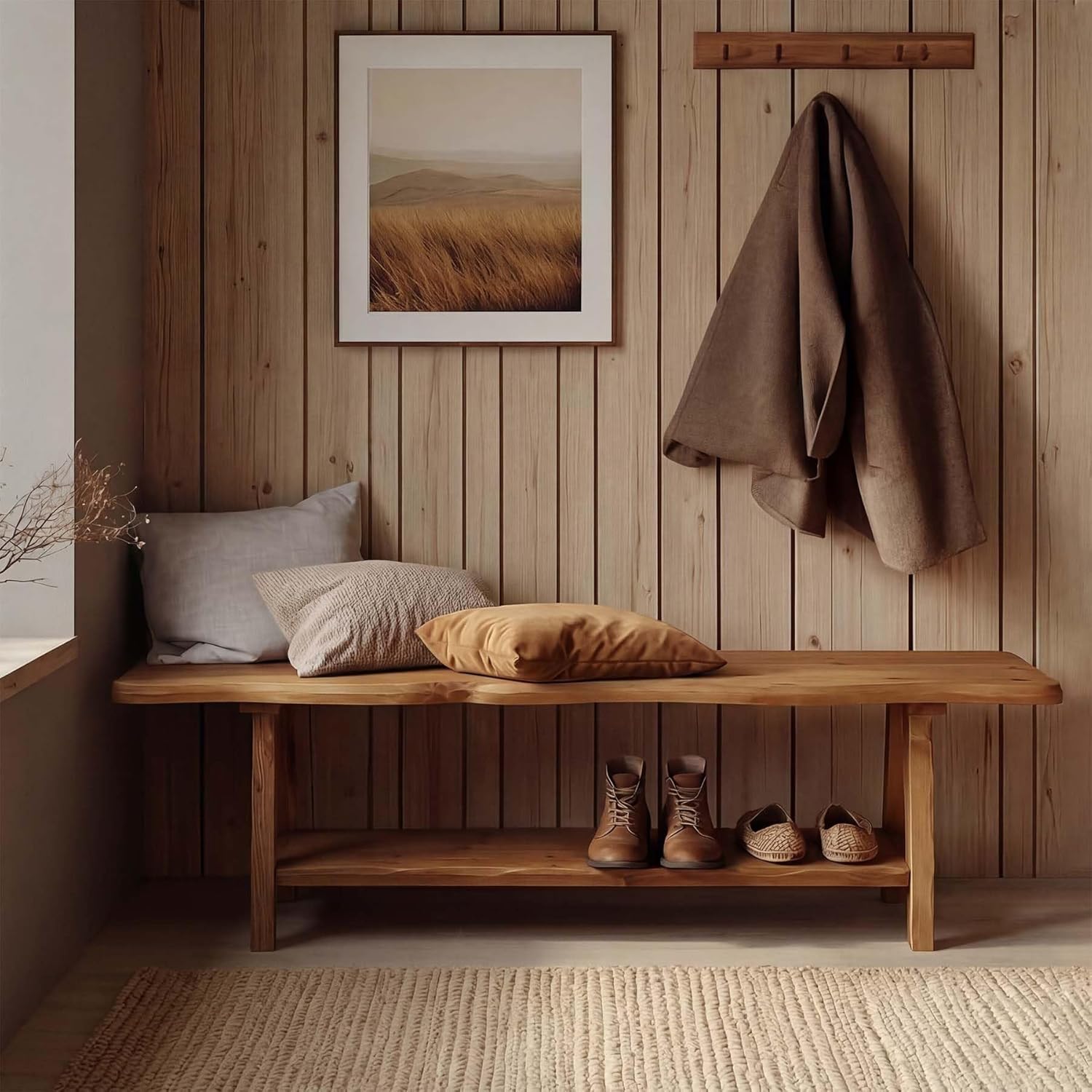 55-Inch Solid Wood Entryway Bench, Farmhouse Long End of Bed Bench with Live-Edge, Indoor Dining Seat for Entrance, Bedroom, Living Room, Dining Room, Easy Assembly, Brown