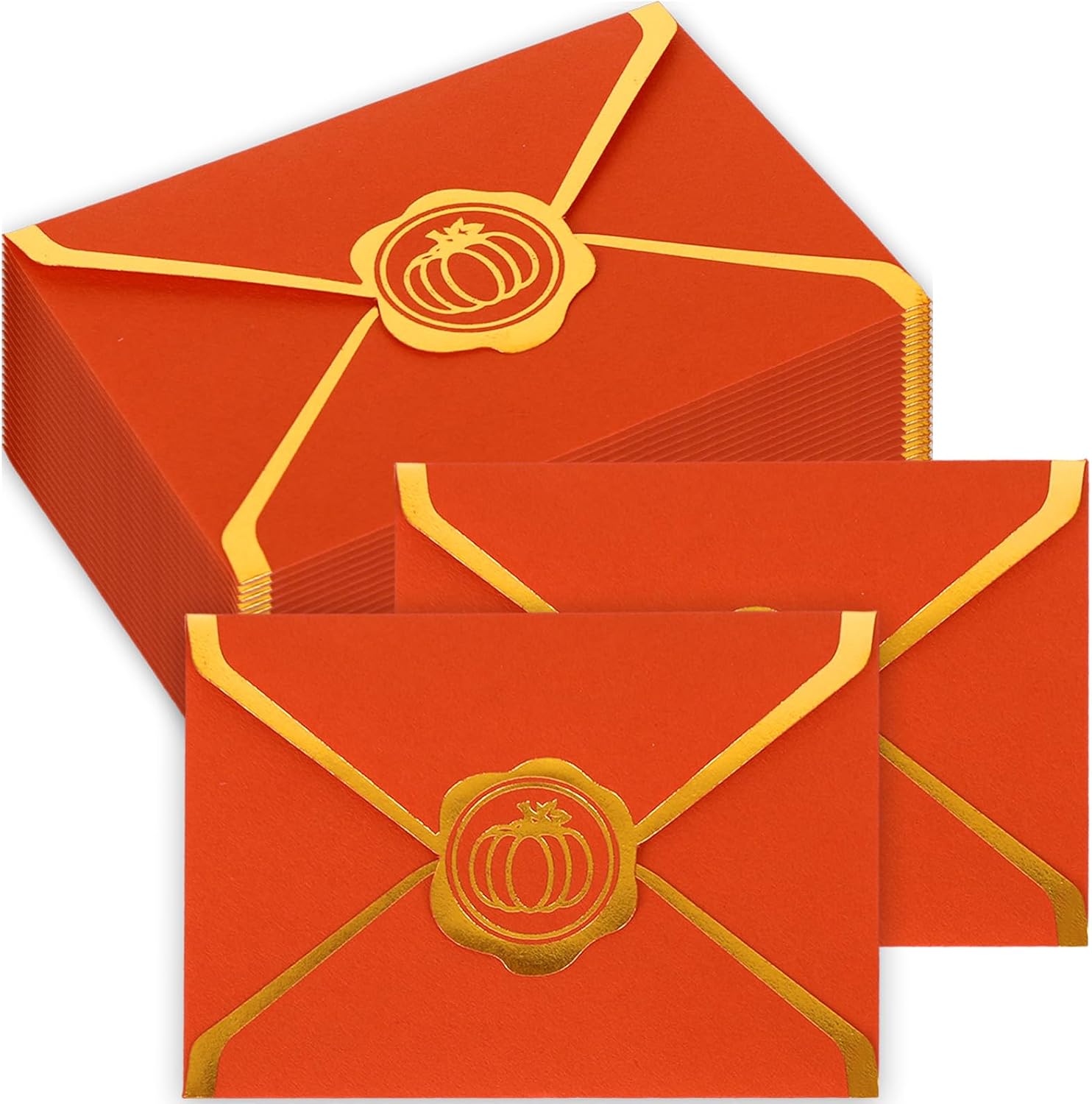 JarThenaAMCS 50Pcs Fall Mini Greeting Card Envelopes Bulk Orange Gift Card Holders with Gold Border Autumn Invitation Sleeves for Mailing Sending Cards, 2.8 x 3.9 Inch
