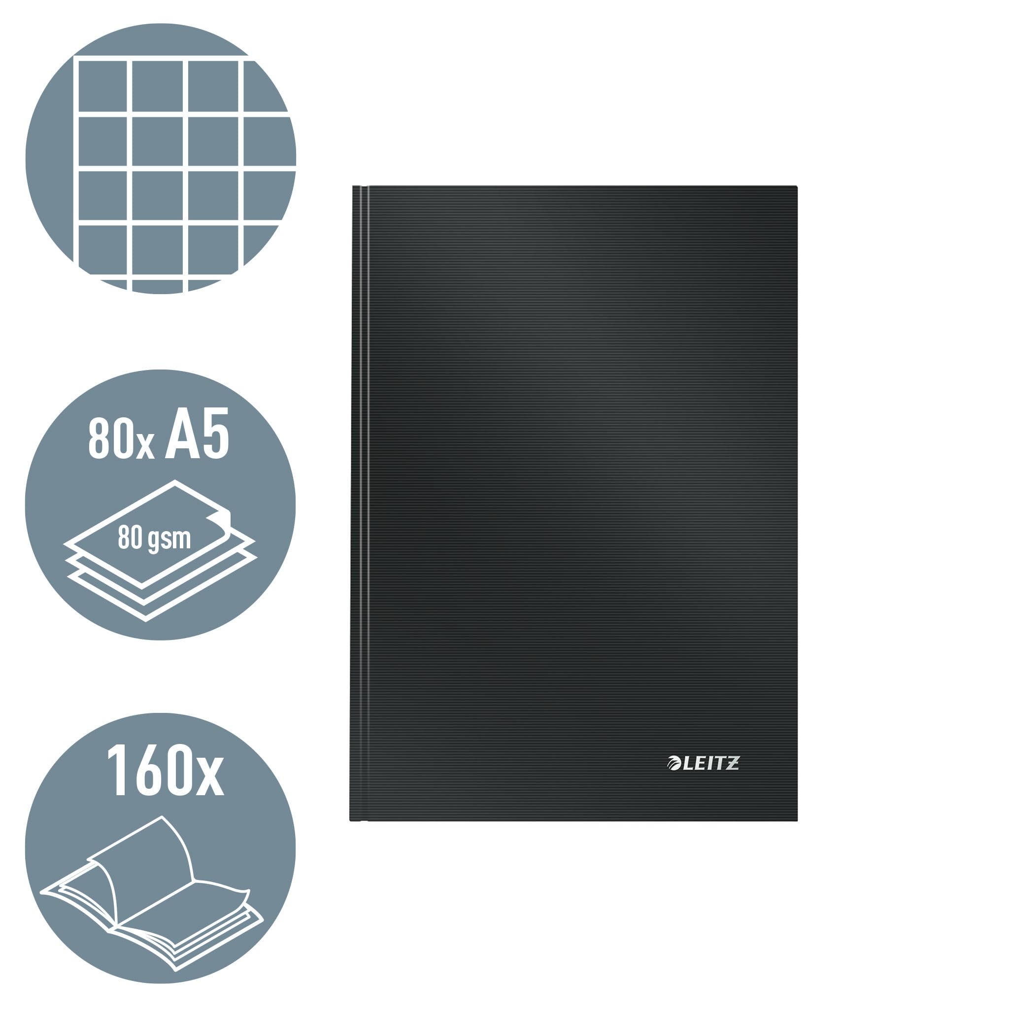 Leitz Style Notitieboek A5 Geruit, Harde Kaft, 160 Pagina's, 80 Vellen, FSC-gecertificeerd Papier van 100 g/m², Elastische Sluiting & Bladwijzer, Voor Kantoor & Thuiswerkplek, 44861069