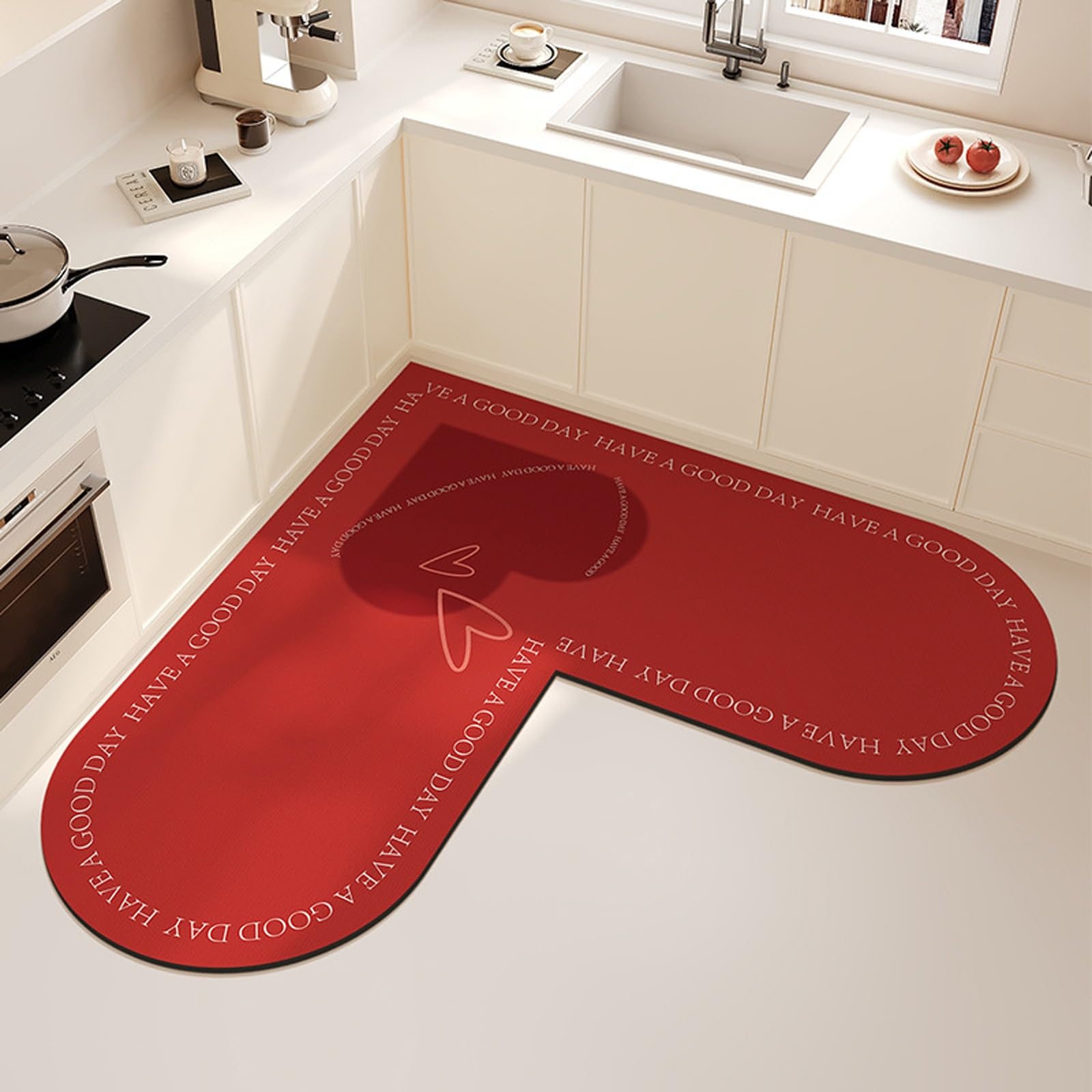 Alfombra de cocina lavable roja de 70x70cm, tapete absorbente antideslizante para el hogar.