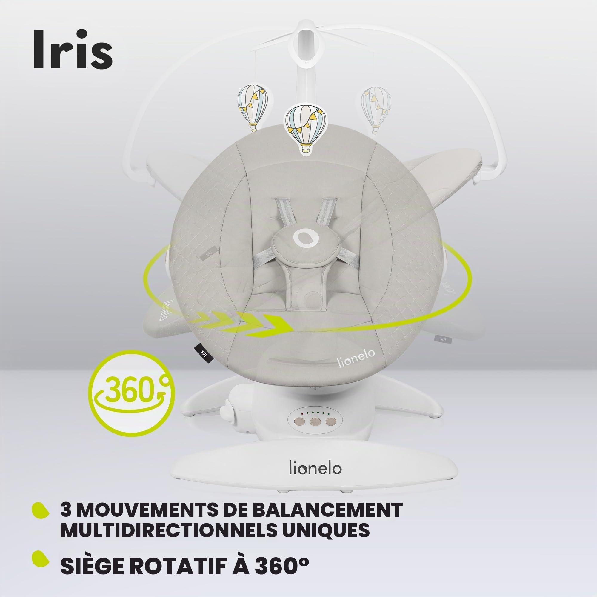 LIONELO Iris Transat Balancelle Électrique Pivotante 360 o pour Bébés jusqu'à 9 kg Dossier Réglable, 5 vitesses de Balancement, Sangles de Sécurité Antidérapantes