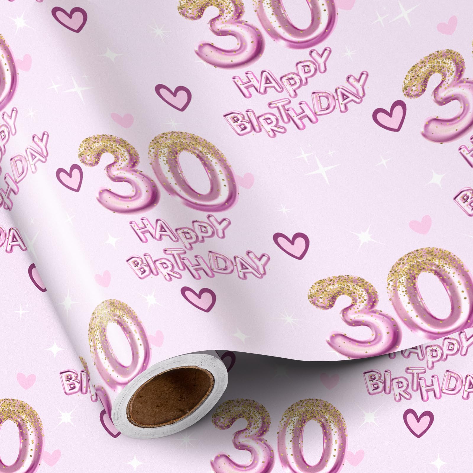 RUSPEPA 30th Birthday Wrapping Paper Women Girls, Hearts and Pink Number 30 Balloons Happy Birthday Design, 30 Years Old, Mini Roll, 17 Inches x 16.4 Feet, Perfect for Girls' Birthday Party Gifts