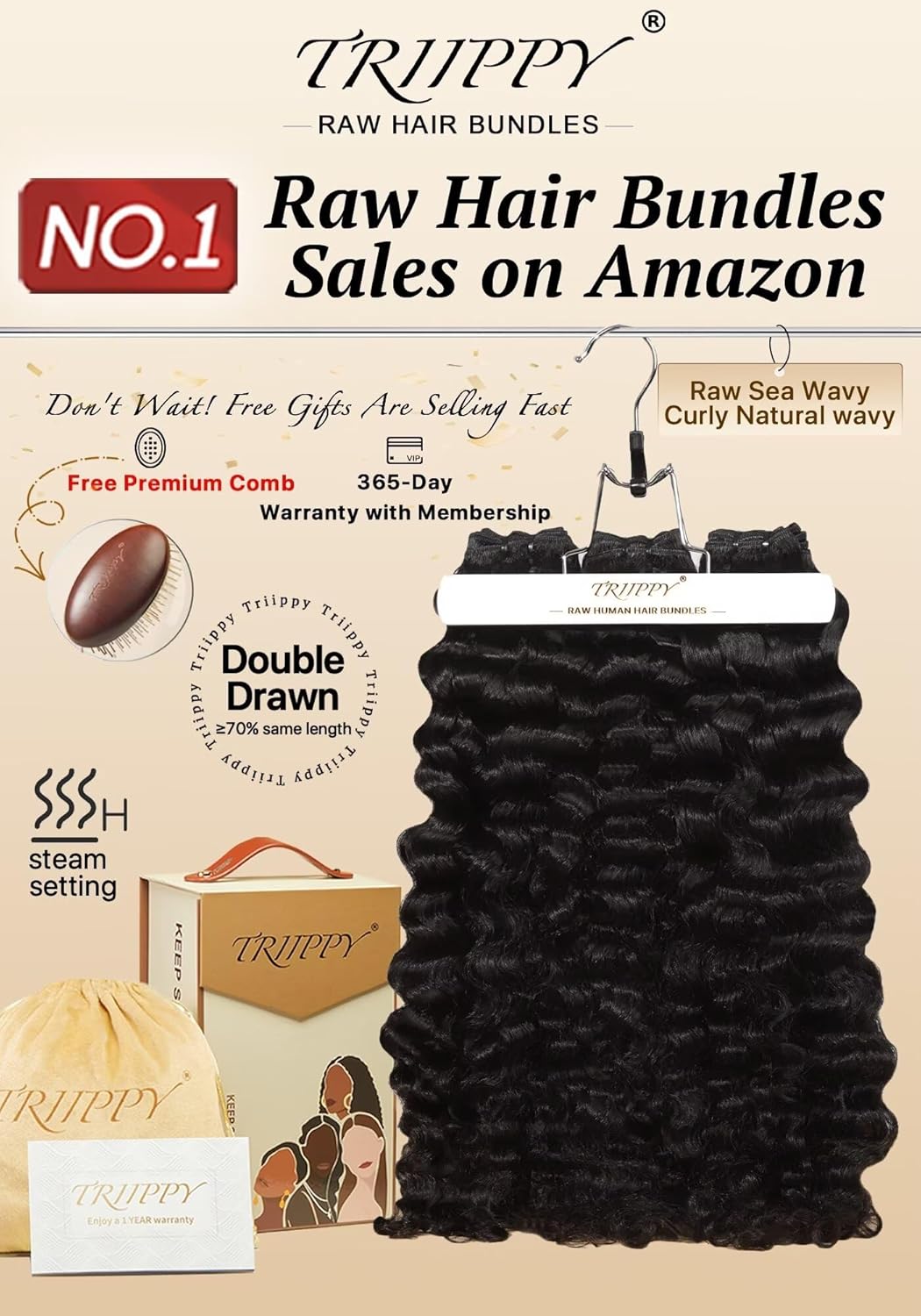 TRIIPPY Raw Sea Wavy Bundles Human Hair,100% Cambodian Raw Hair Sew in Weave Double Drawn 3 Bundles,3X Lasting And Durable Over Virgin Hair Bundles,No.1 Raw Hair Brand On Amazon(22 22 22 Inches)