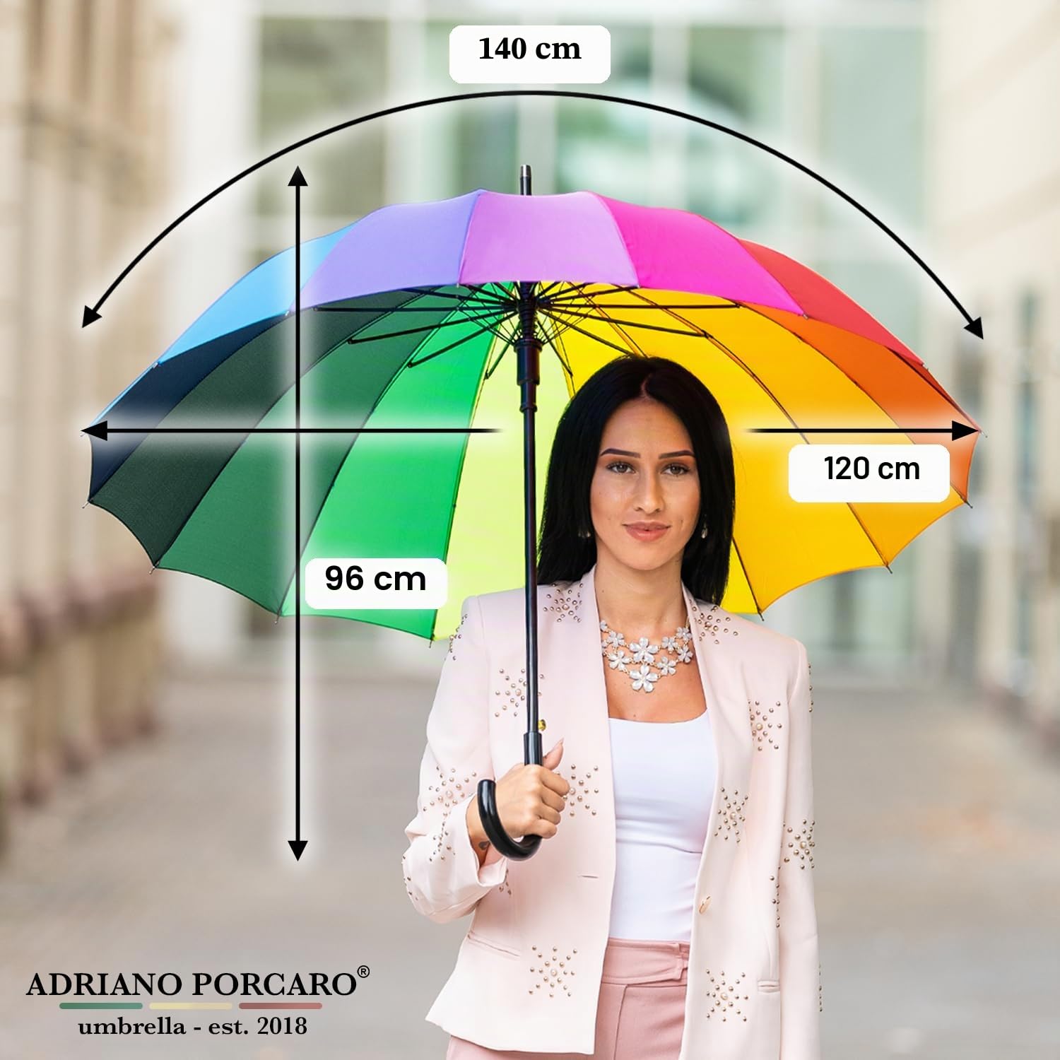 Ombrello automatico arcobaleno, diametro 100 cm, grande, resistente alle tempeste e stabile al vento, 16 bacchette