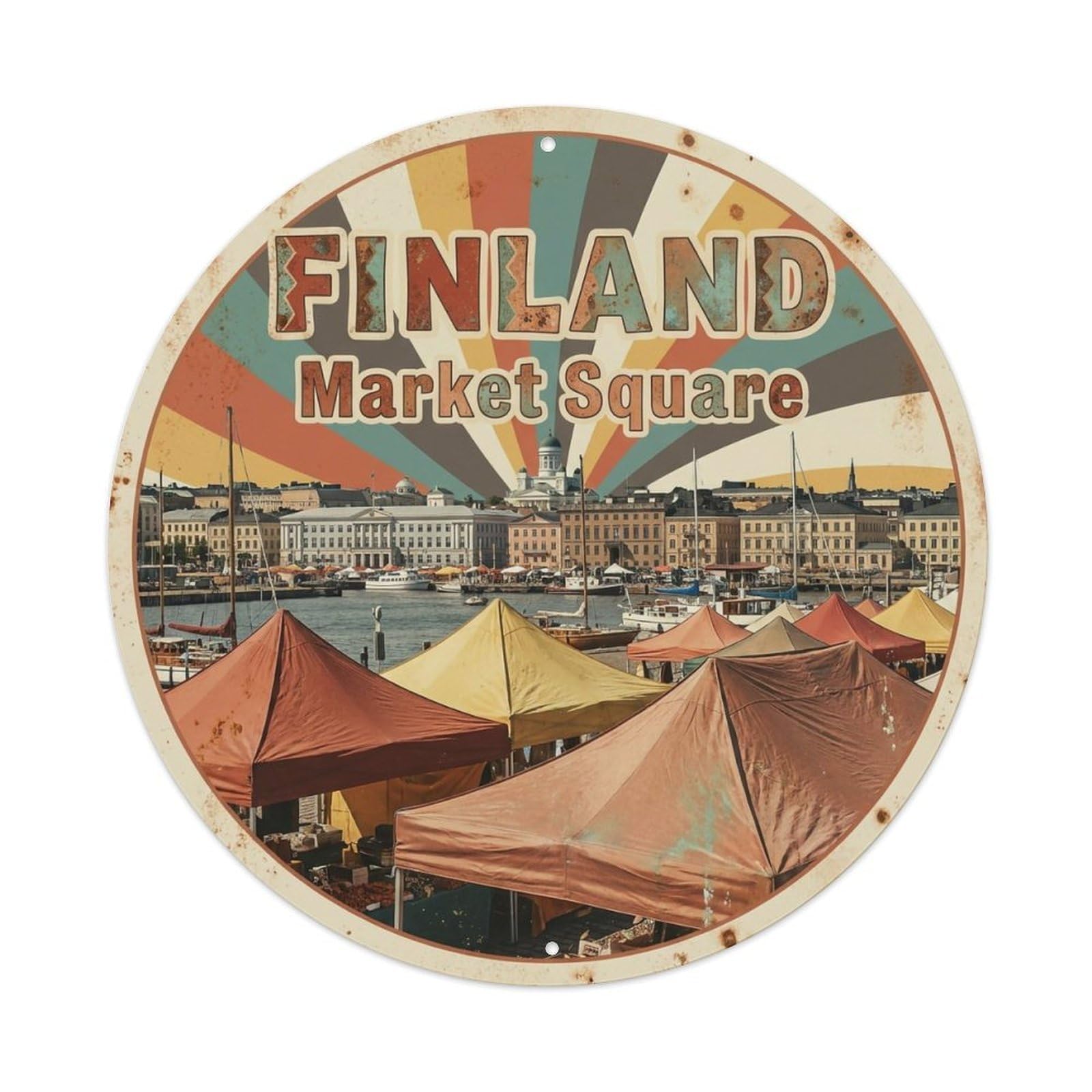 Vintage Travel Finland Harbor Metal Tin Sign Plaque Wall Decor for Cafe, Club, Garden Round Metal Poster 8x8Inch
