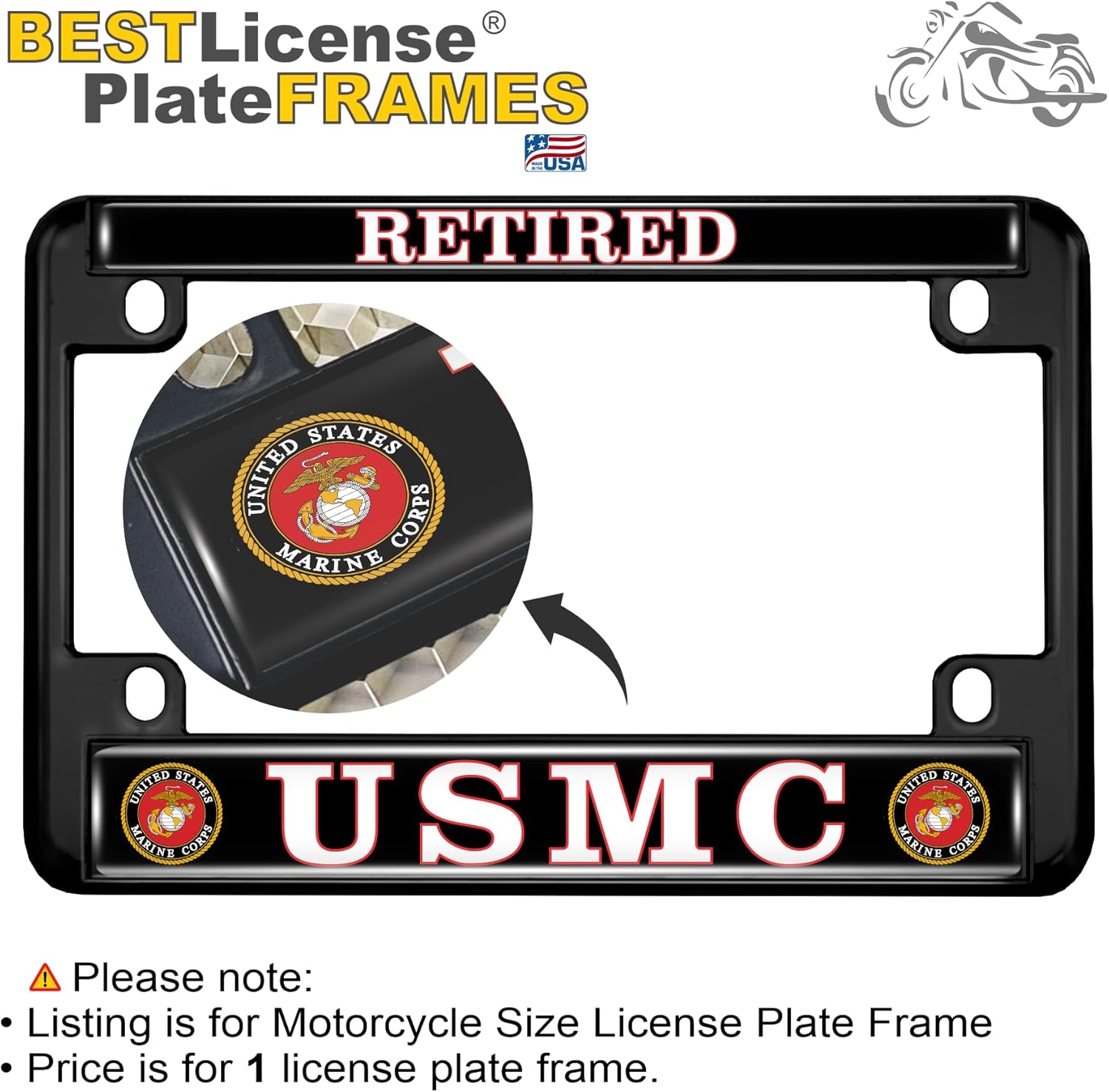 [Officially Licensed US Marine Corps Product] - Motorcycle Domed Custom-Made Personalized Metal License Plate Frame Frame with USMC Retired Design - Black