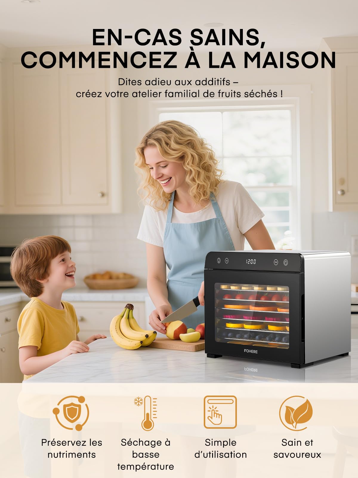 FOHERE Déshydrateur Alimentaire Professionnel 8 Plateaux Inox Silencieux <40dB, Utilisation Nuit, Contrôle Précis 35-75°C Minuterie 48h, pour Champignons Fruits Légumes Viande Séchée Snacks Bébé