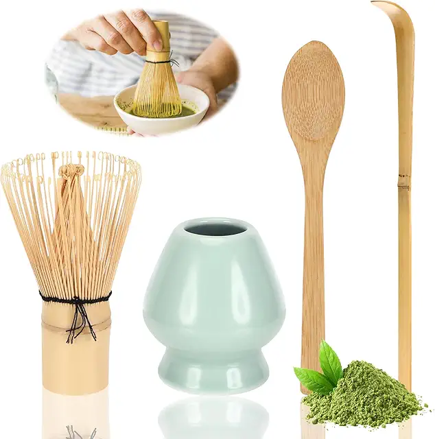 Set de 4 Pièces pour Matcha : Fouet, Cuillère et Support en Céramique Cyan