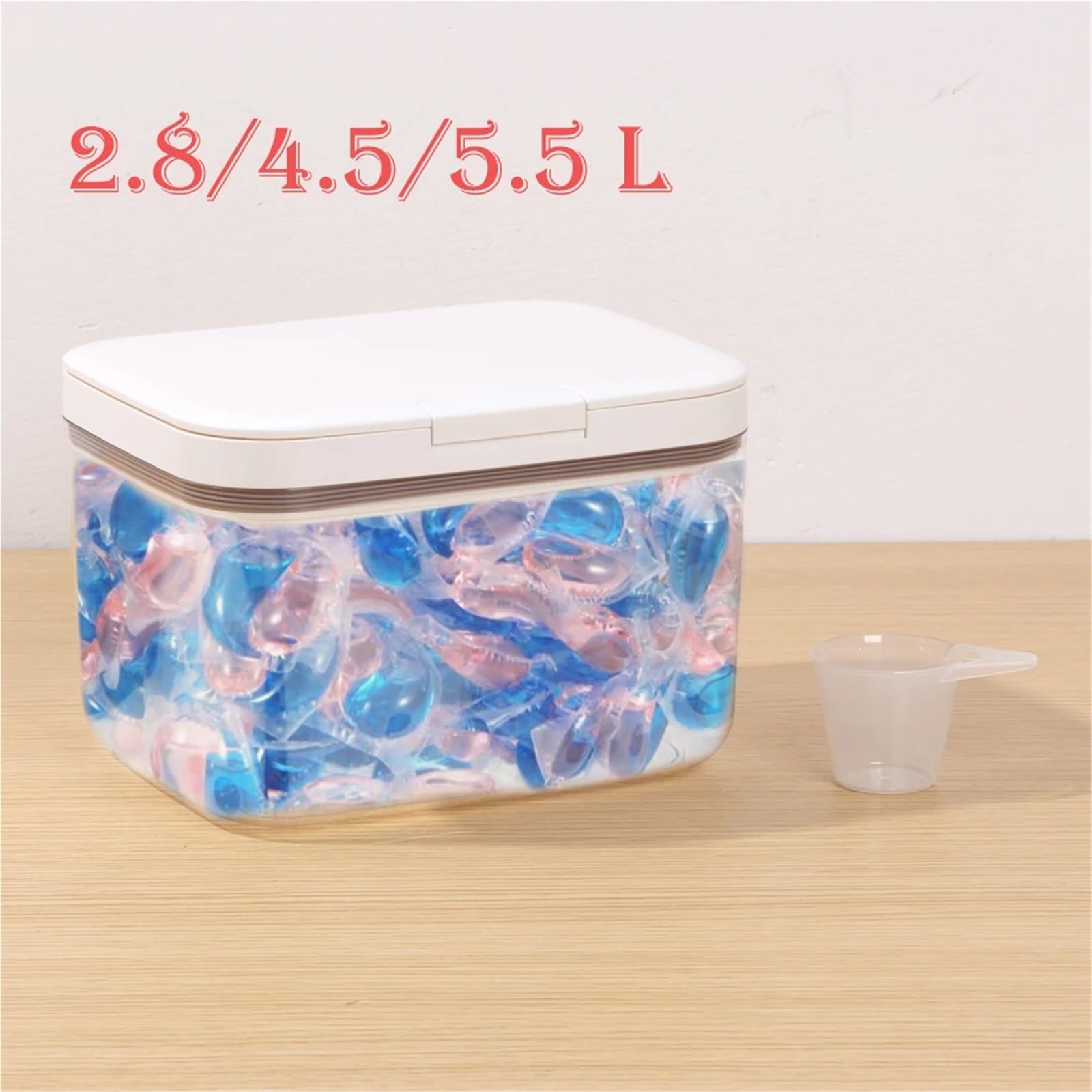 Rangement Lessive Liquide en Capsules Conteneur à linge 2,8/4,5/5,5 L, boîte de rangement for dosettes lessive for lave-vaisselle, avec verre doseur for la maison(4.5L)