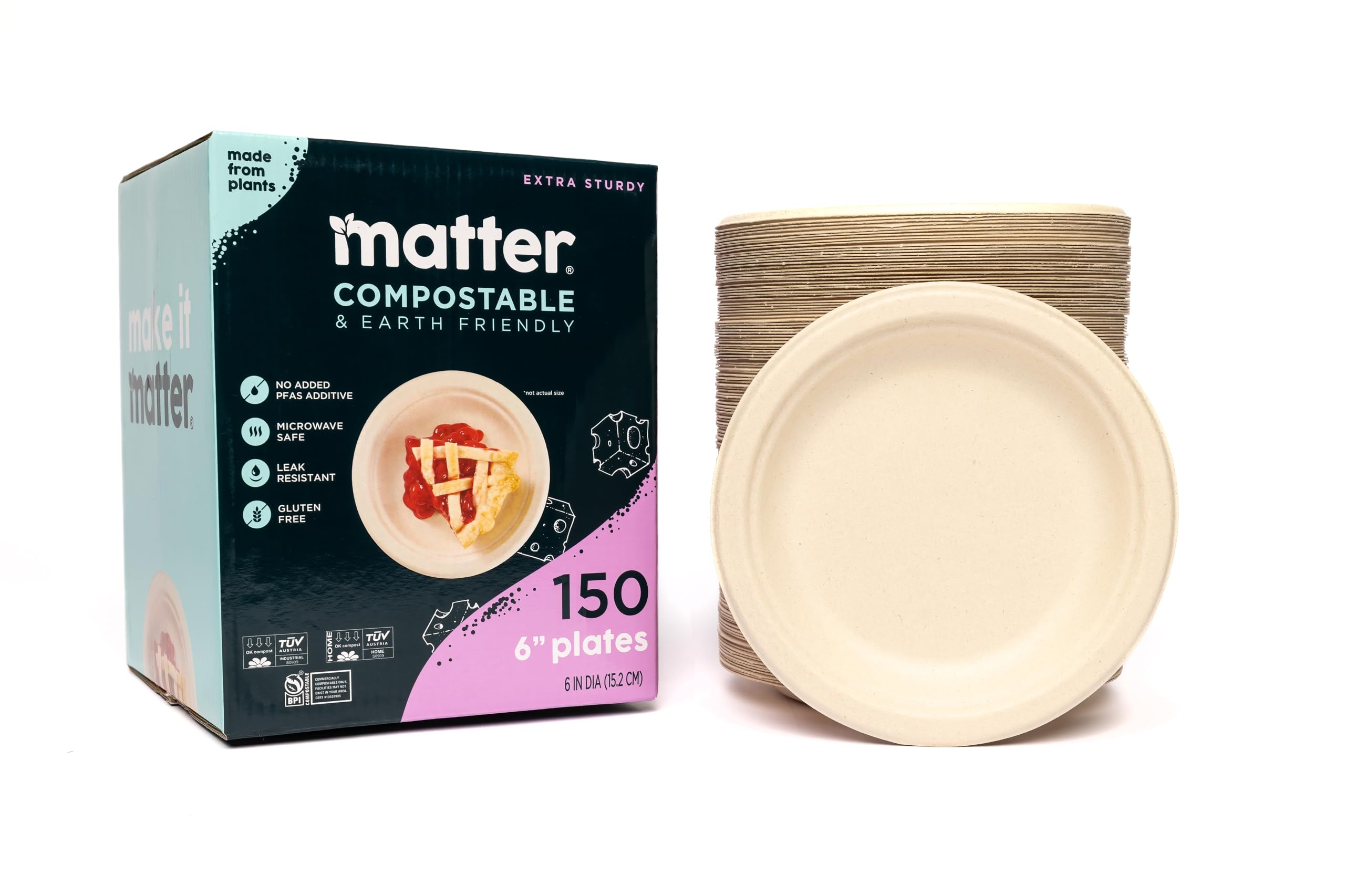 Matter Platos de papel compostables de 6 pulgadas, platos de postre desechables, resistentes para aperitivos, chocolate, pasta, ideales para barbacoas en el patio, platos de fiesta y contenedor de