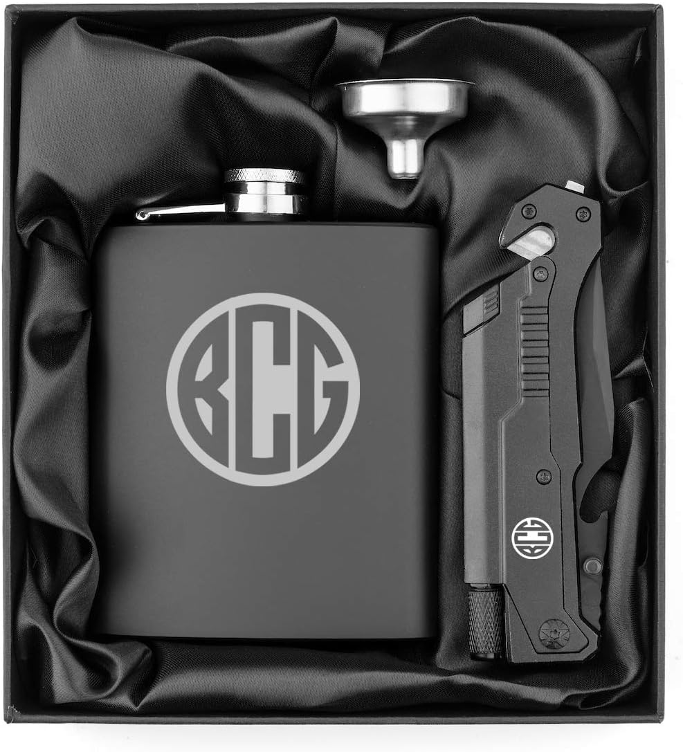Monogram Engraved 7oz Stainless Steel Flask Funnel Tactical Rescue Knife Gift Box Set Custom Personalized