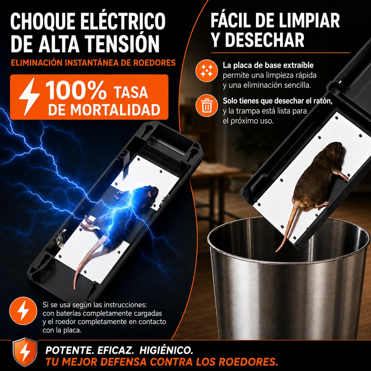 Trampas Eléctrica para Ratones a Pilas, Voltaje Potente de 2000V para Matar Ratas al Instante, Adecuada para Cocina, Almacén, Ático, Eficaz para Ratones Pequeños (Naranja)