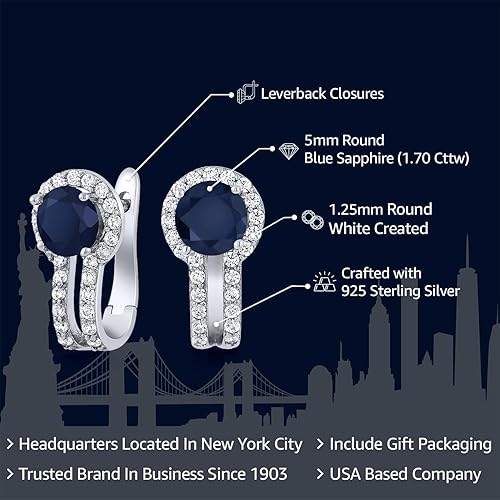 Miniatura 2 de Gem Stone King 925 Sterling Silver Round 5MM Gemstone Birthstone and and White Created Sapphire Earrings For Women