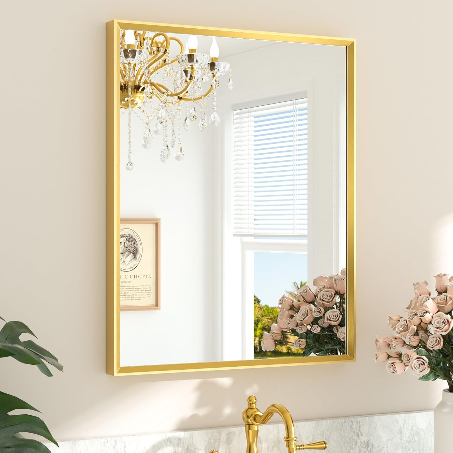 TETOTE Brushed Gold Bathroom Mirror 24" x 30" Brushed Gold Brass Rectangle Beveled Framed Bathroom Vanity Mirror for Over Sink, Tempered Glass, Modern Farmhouse Bedroom, Entryway, Living Room 30"L x 24"W Brushed Gold