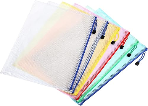 YOKIVE Paquete de 6 bolsas de malla con cremallera, bolsillos de malla B4 para archivos, bolsa de plástico para documentos, ideal para