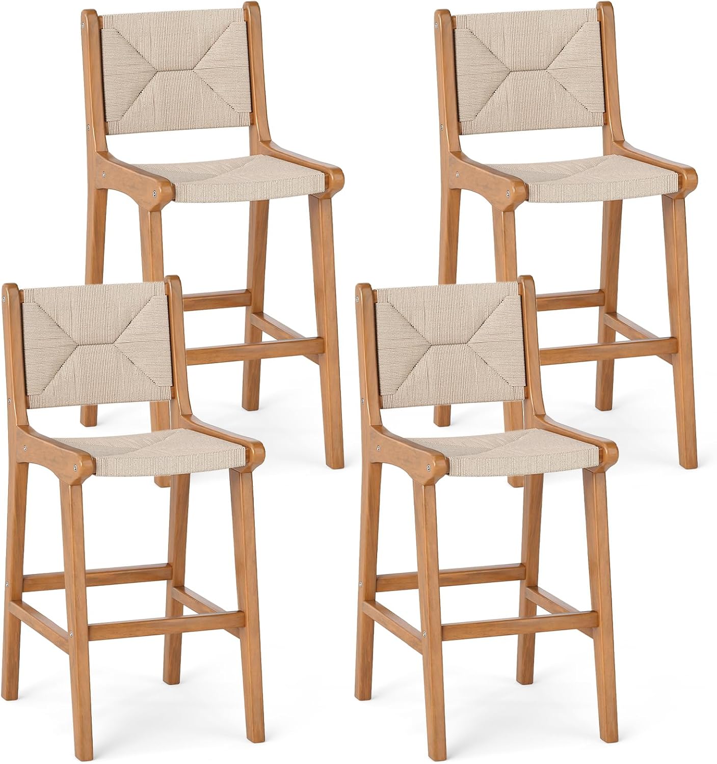 Tangkula Outdoor Counter Height Bar Stool Set of 4, Woven Paper Rope Patio Teak Wood Armless Barstool, Outside High Bistro Chair with Back and Footrest for Balcony, Deck, Garden and Yard
