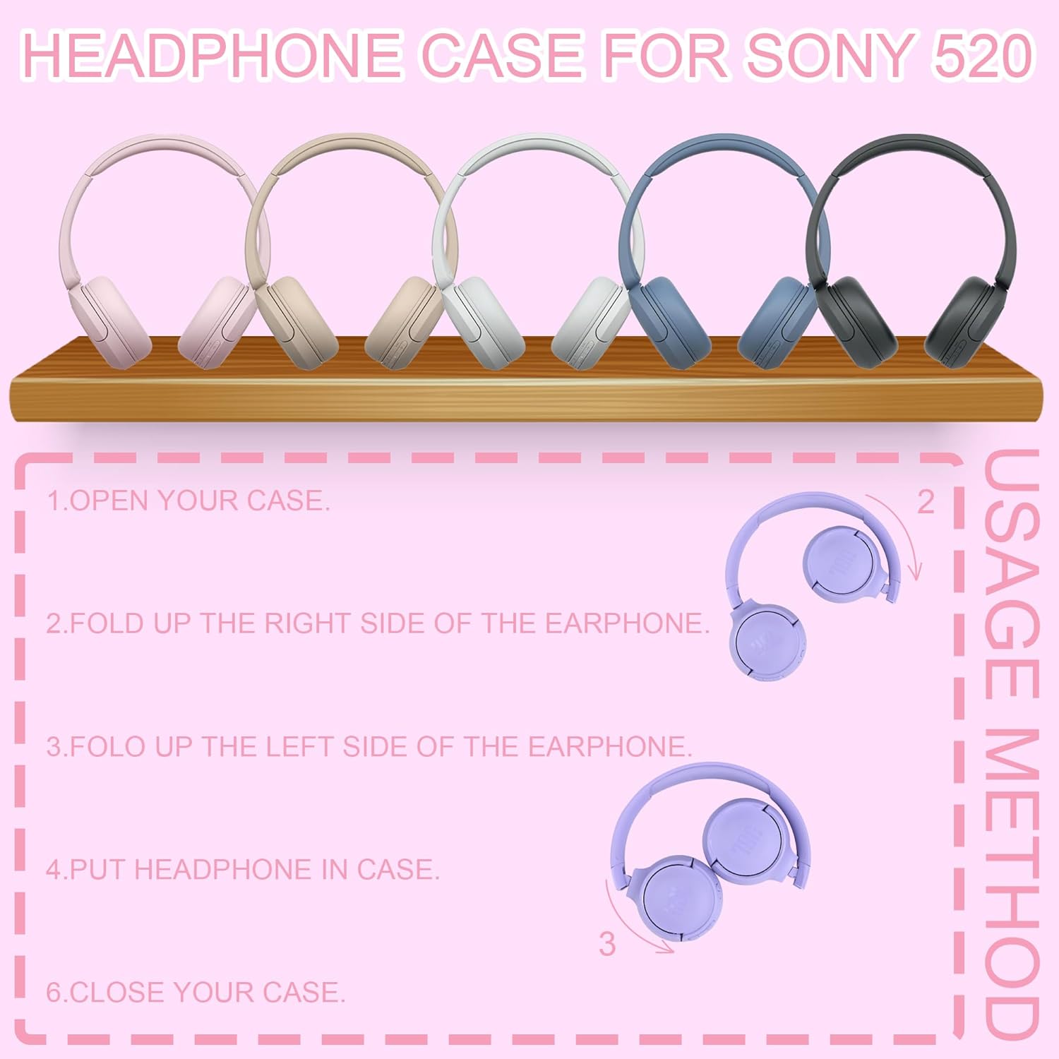 Headphone Case for JBL Tune 510BT 520BT, Hard Portable Headphone Carrying Case, Over Ear Headphone Storage Protective Case(Pink) - Image 2