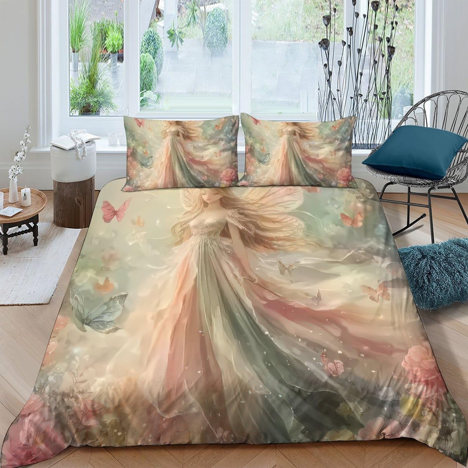 Ctjqhvkz Style-8 3D Printed Fairy Goddess Art Fitted Sheet Microfiber Soft Pastel Butterfly Mattress Cover For Bedroom Guest Room Decor Single（135X200cm）