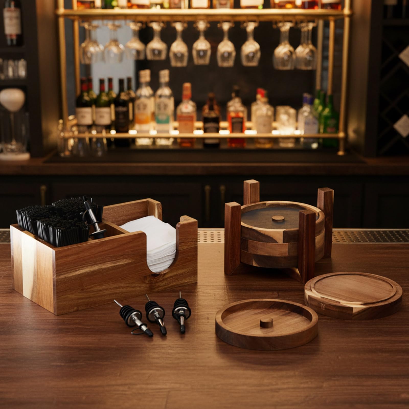 Mifoci Barista multifunzione a 5 ripiani in legno di acacia con 12 pezzi in acciaio inox classico versatore per bottiglie con 6 scomparti, 1000 pezzi mescolatori per caffè e cocktail 200 tovaglioli