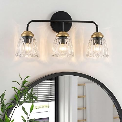 Moderna lámpara de tocador de baño, aplique de pared de 3 luces, marco de metal negro con detalles de latón, pantallas de vidrio ondulado