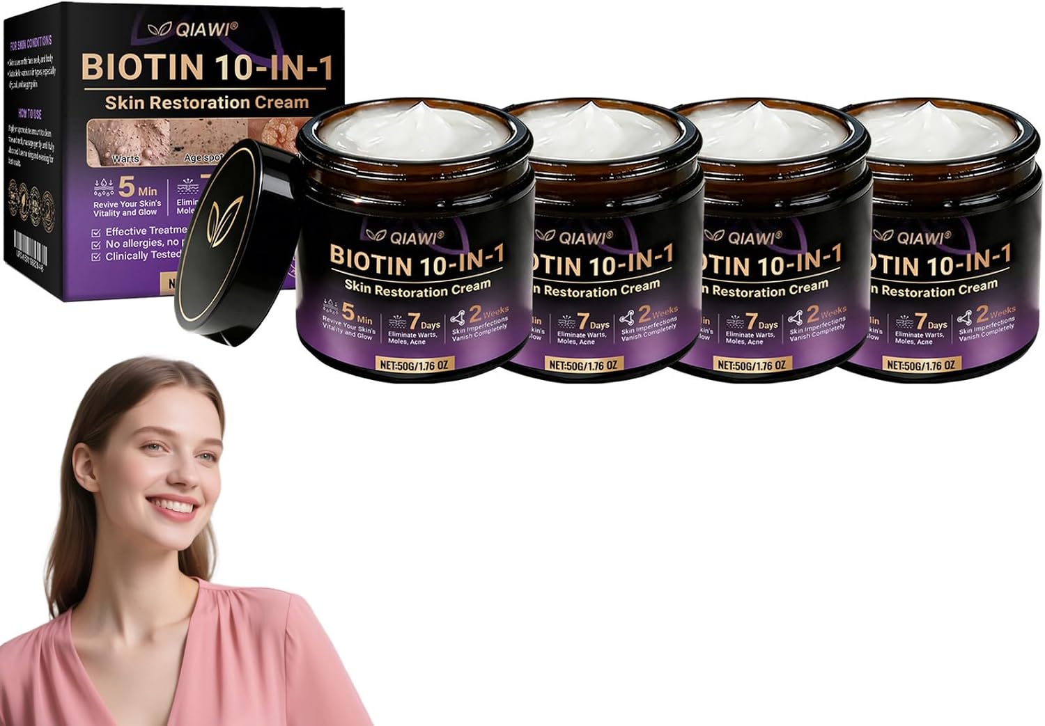Qiawi Biotin 10 in 1 Skin Restoration Cream, 2026 New Professional Skin Treatment Cream, Qiawi Natural Ingredient Skin Cream, Moisturizing & Repair Reduces Blemishes for All Skin Type (4 Bottle)