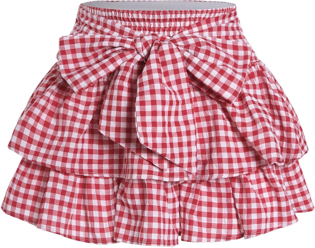 BEAUDRM Women's Bow Front Mini Skirt High Shirred Waist Layered Ruffle Hem Short Cake Skirts