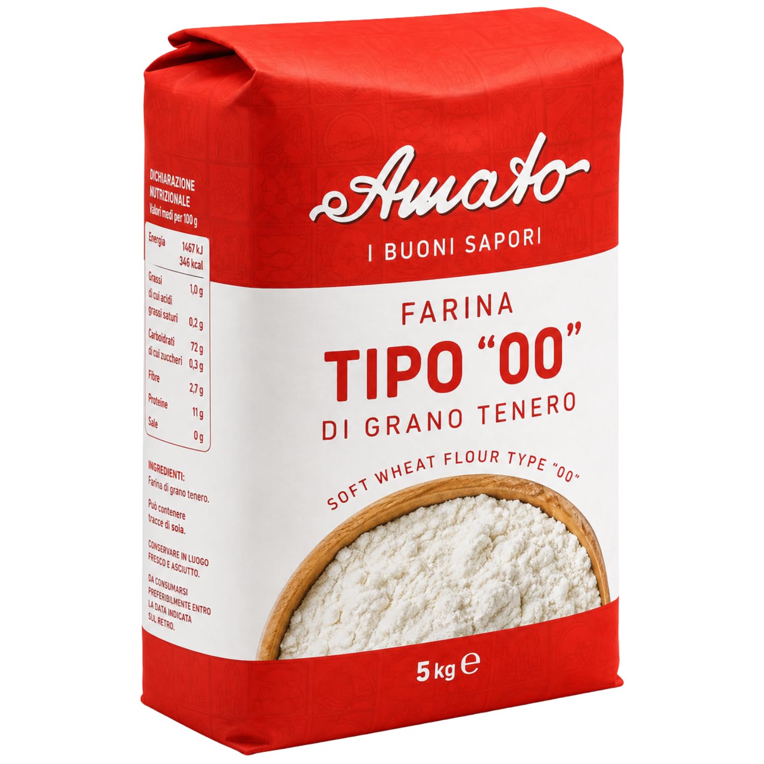 Amato Farina di Grano Tenero Tipo 00 5 kg, Farina per Pizza, Pane, Pasta Fresca e Dolci, Ideale per Impasti Soffici e Lievitati, Confezione Multipla da 4/8/12 Pezzi (8 PEZZI)