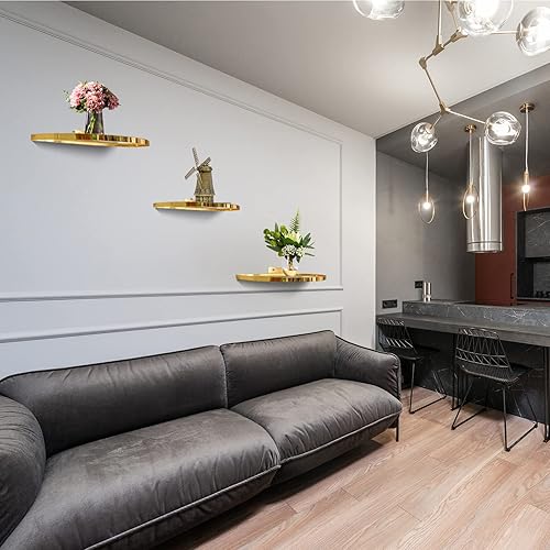 Miniatura 4 de Cityelf Estantes flotantes montados en la pared, estante colgante de vidrio de hierro, decoración del hogar, juego de 3 estantes de repisa de