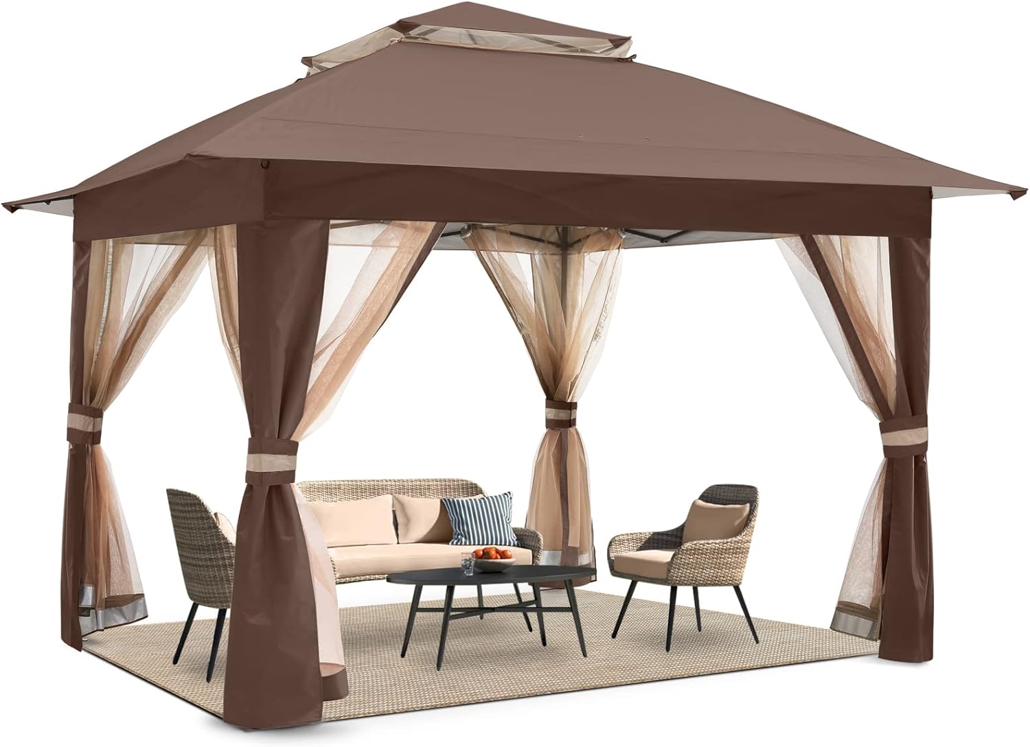 COOSHADE 13x13 Pop Up Gazebo Tent Outdoor Canopy Patio Shelter with Mosquito Netting(Brown)