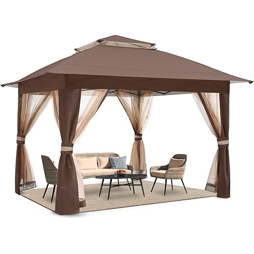 COOSHADE 13x13 Pop Up Gazebo Tent Outdoor Canopy Patio Shelter with Mosquito Netting(Brown)