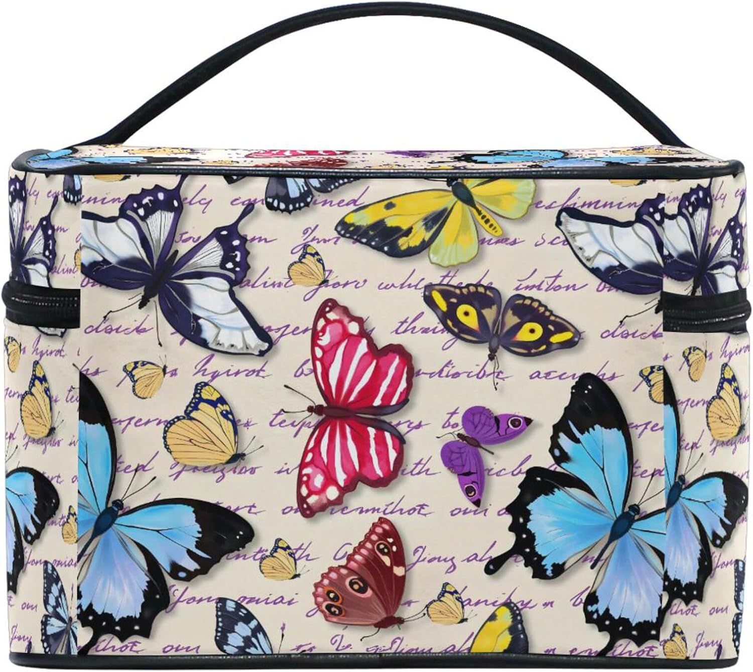 MNSRUU Makeup Bag, Vintage Butterfly Hand Written Text Travel Makeup Organizer Bag Cosmetic Cases Toiletry Bags for Girl Women Ladies