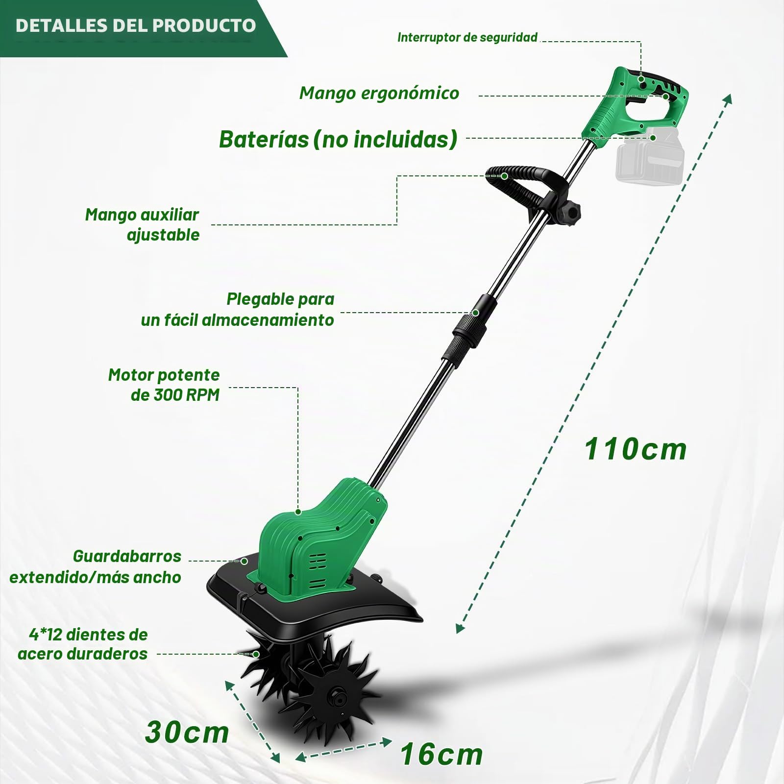 Motoazada para huerto, azada eléctrica, para Makita 18V batería, con Profundidad de Trabajo de 16 cm, Ancho de Trabajo de 30 cm, Velocidad de 300 RPM, Mango ergonómico, para Cultivo de jardín