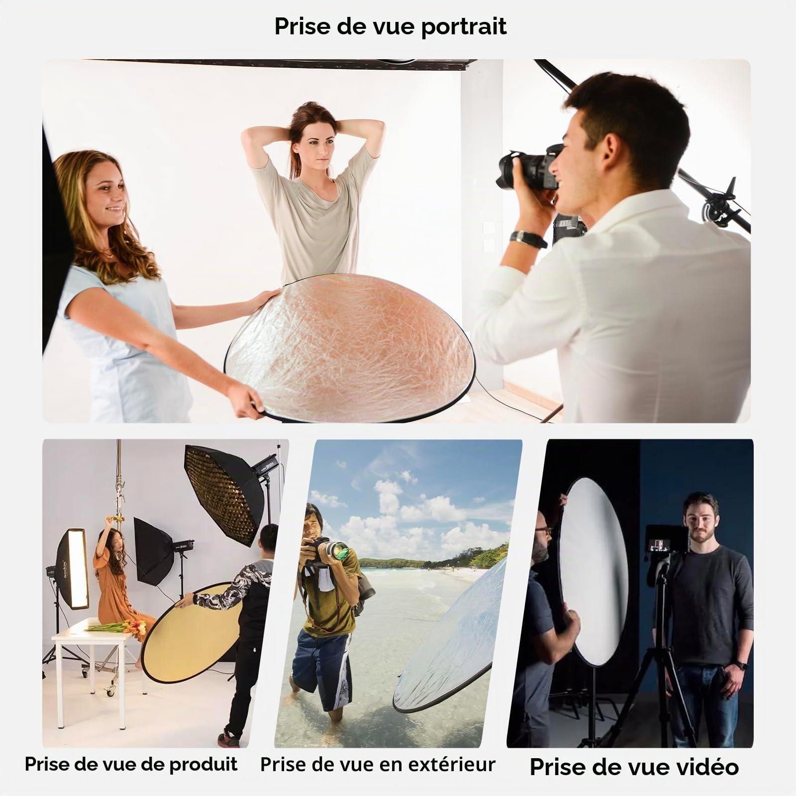 UTEBIT 5 en 1 Réflecteur Lumière avec Support de Trépied, Diffuseur de Lumière 60cm avec Sac de Transport Panneau Réflecteur Photo Pliable pour Éclairage de Studio, Translucide/Argent/Or/Blanc/Noir