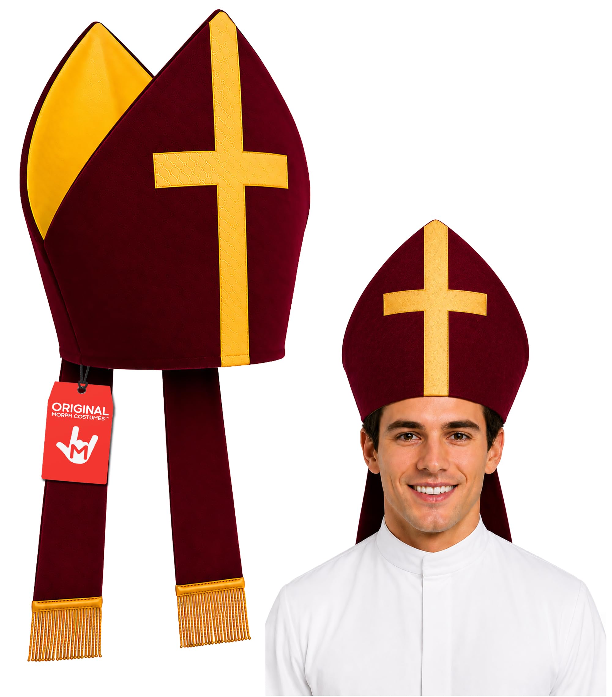 Nicky Bigs Novelties Adult Bishop Hat - Catholic Church Cardinal Priest Pope Costume Hat Saint Mitre Cap, Burgundy Gold, One Size