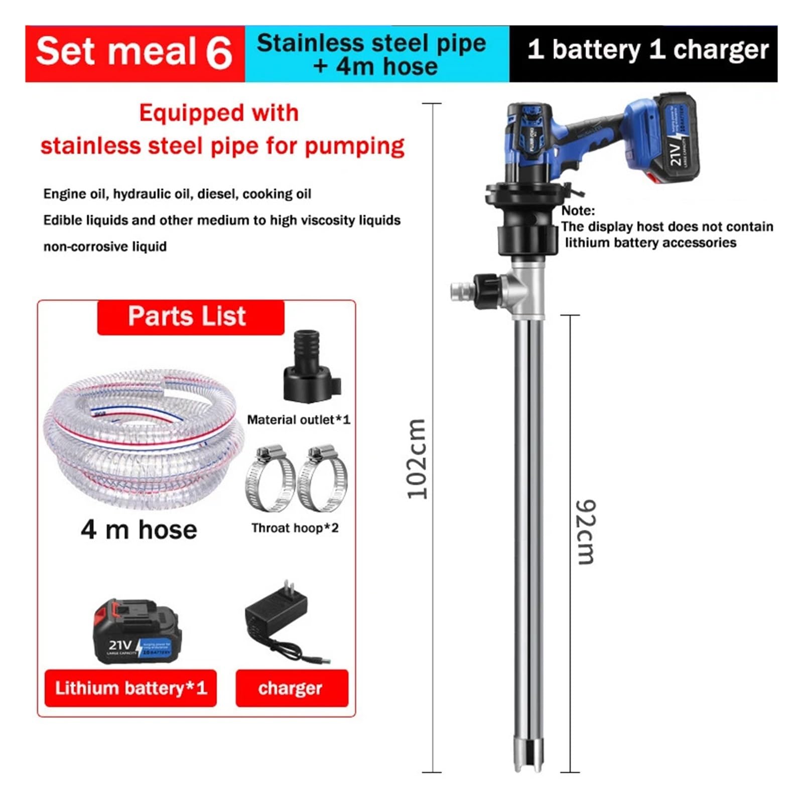 Pompa di trasferimento carburante 21 V, pompa a barile inserita con batteria al litio portatile, erogatore olio elettrica a cherosene da 3200 W Agricolo,Commerciale(Set meal 6)