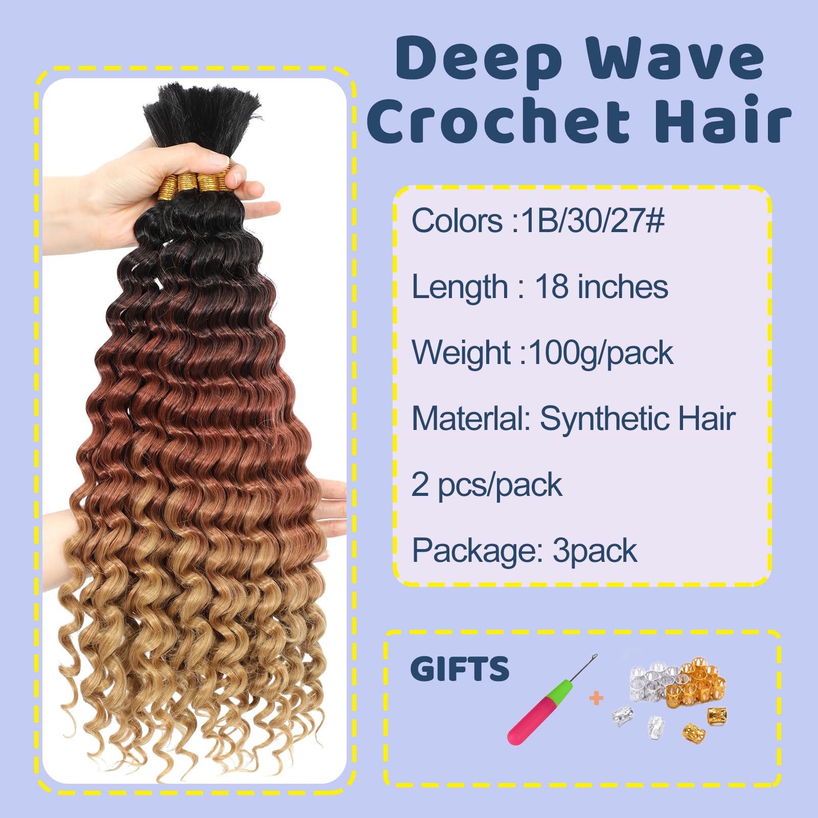 BLTYXT Deep Wave Bulk Hair 18 Inch 6 Bundles Synthetic Braiding Hair Curly Crochet Hair Boho Braids Natural Color for Hair Extensions (T1B-30-27 - Image 2