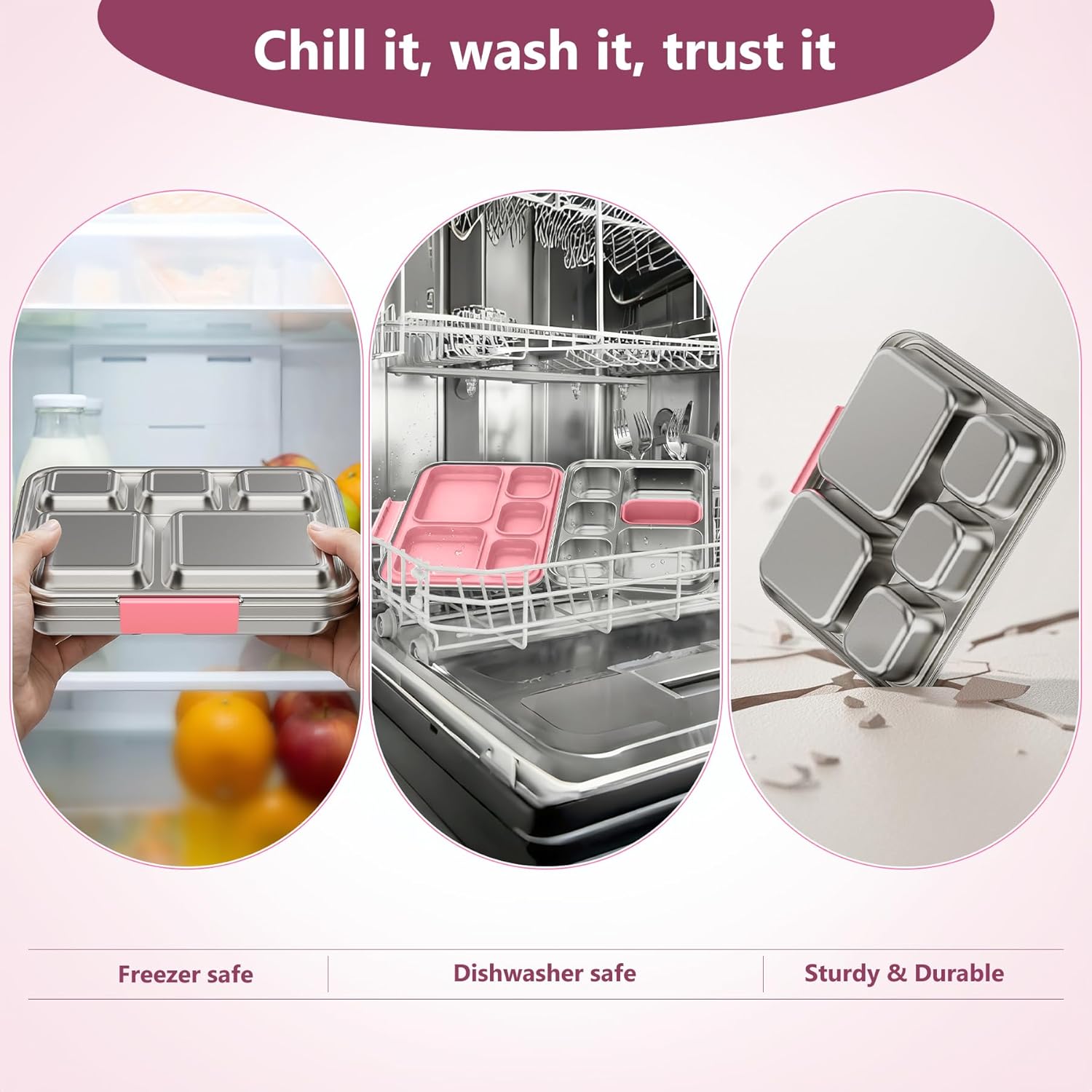 Stainless Steel Lunch Box, 5-Compartment Bento Lunch Box for Kids & Adults,Metal Lunch Box with Removable Silicone Container, Lunch Box Containers for School,Office(Pink)